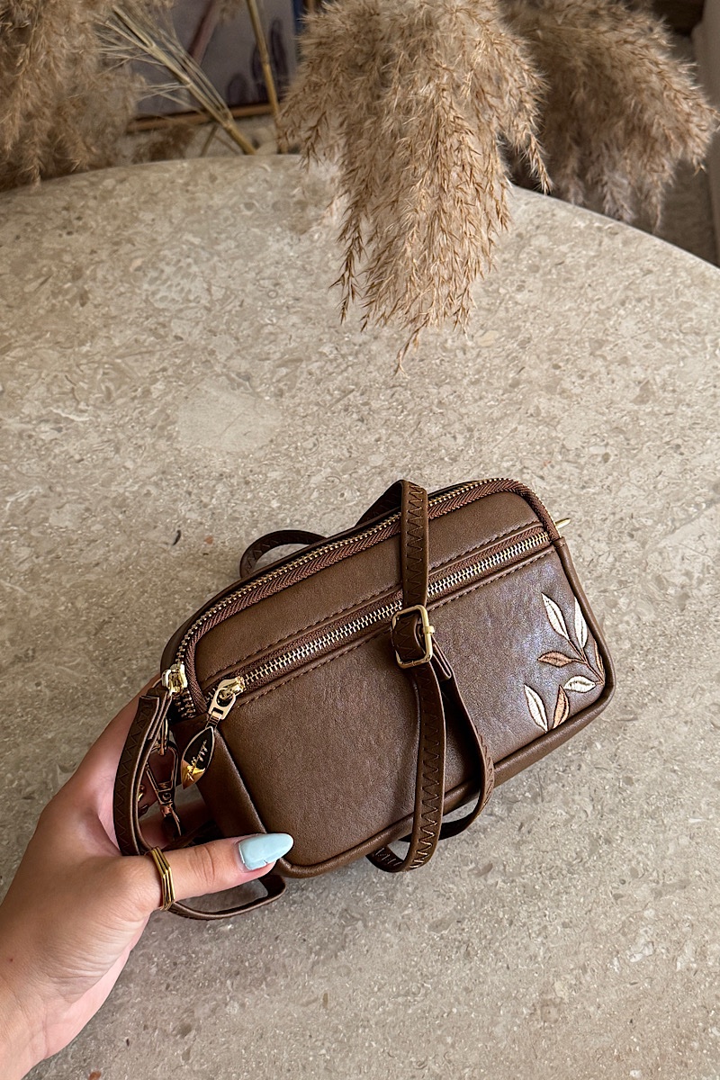 Bamboo Embroidery Vegan Leather Cross Bag - Brown