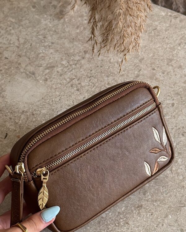 Bamboo Embroidery Vegan Leather Cross Bag - Brown