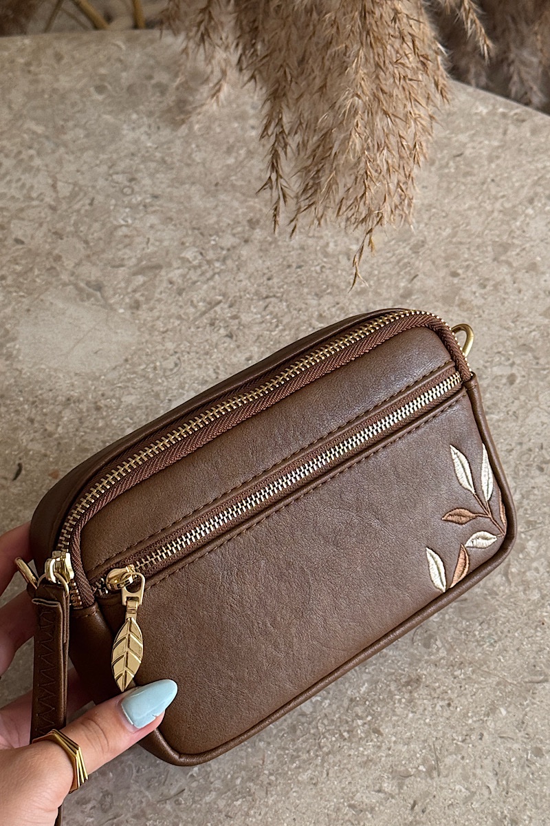 Bamboo Embroidery Vegan Leather Cross Bag - Brown