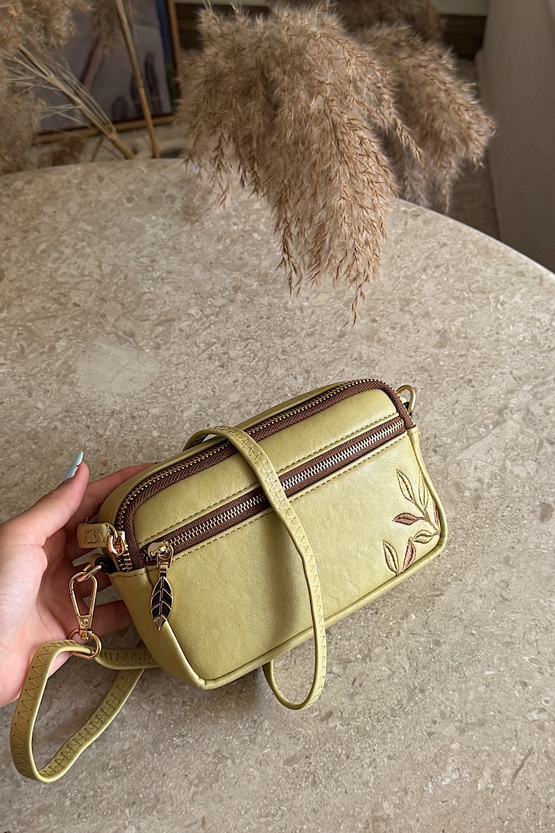 Bamboo Embroidery Vegan Leather Cross Bag – Green