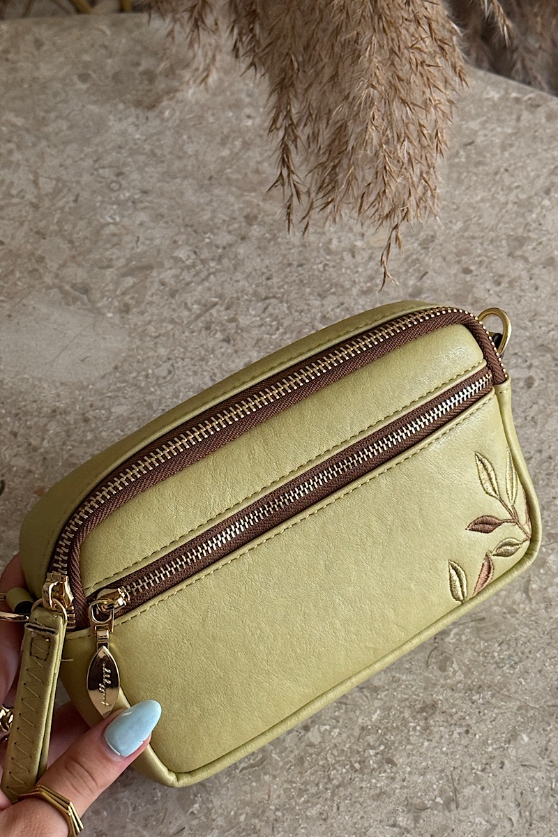 Bamboo Embroidery Vegan Leather Cross Bag - Green