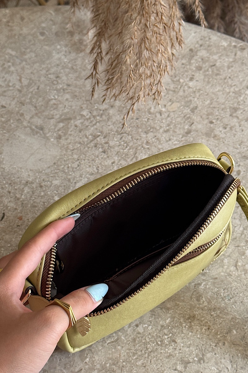 Bamboo Embroidery Vegan Leather Cross Bag - Green